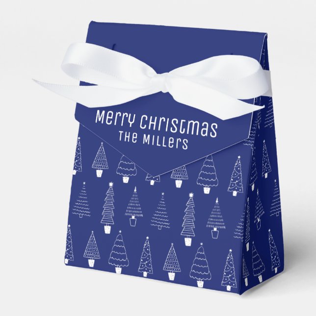 Minimalistisk Elegant Kunglig Blå Vit Julgran Presentaskar (Framsidan Sidan)