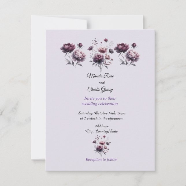 Minimalistisk Elegant Lila Peony Bröllopsinbjudan Inbjudningar (Framsida)