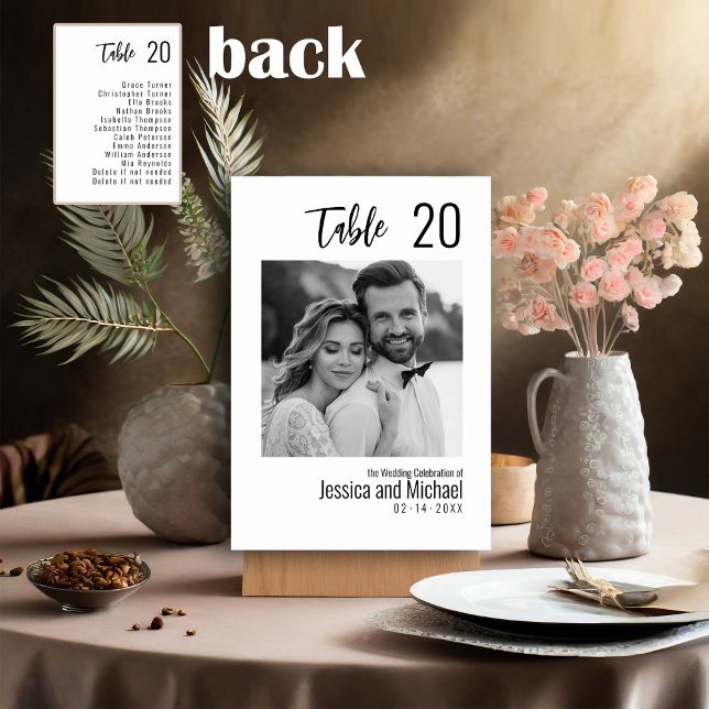 💍 Minimalistisk Elegant med gästlista Bordsnummer (Vertical Table Number Card with Couples Picture from the Elegance Collection. double sided)