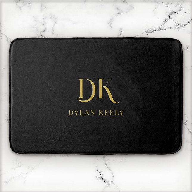 Minimalistisk Elegant Monogram Black Guld Snyggt Badrumsmatta (Skapare uppladdad)