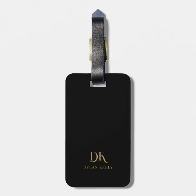 Minimalistisk Elegant Monogram Black Guld Snyggt Bagagebricka (Baksidan Lodrät)