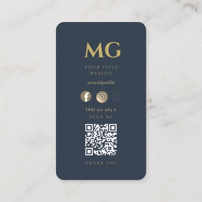 Minimalistisk Elegant - Monogram Mörk blått QR Bus Visitkort (Baksida)