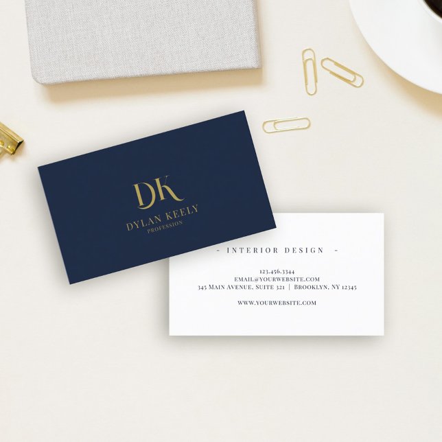 Minimalistisk Elegant Monogram Mörk Navy Blue Guld Visitkort (Skapare uppladdad)