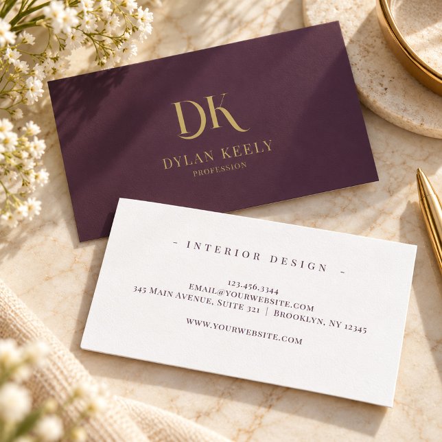 Minimalistisk Elegant Monogram Mörk Vinröd Guld Visitkort (Skapare uppladdad)