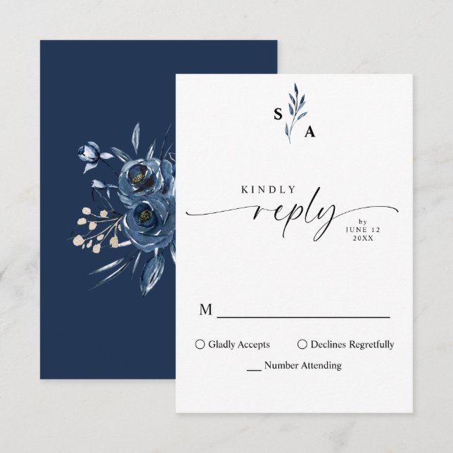 Minimalistisk Elegant Monogram Navyblå Kalligrafi OSA Kort (Fram/baksida)
