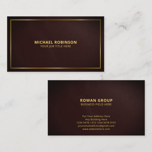 Minimalistisk Elegant Mörkbrun Läder Guld Ram Visitkort (Fram/baksida)