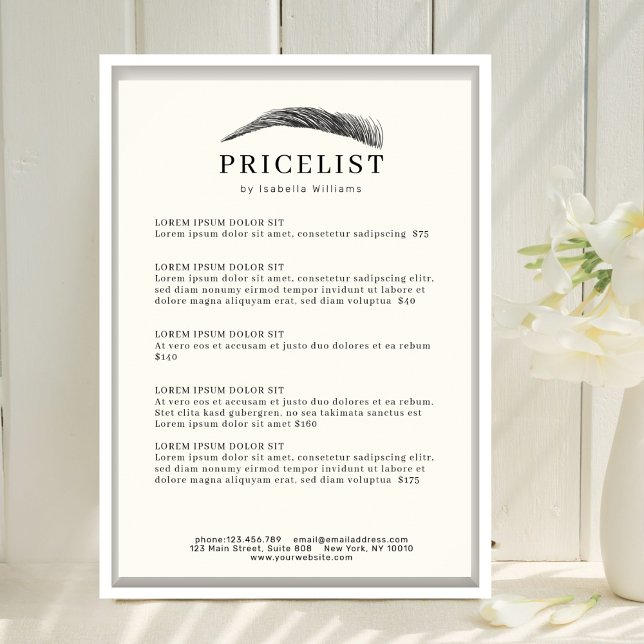 Minimalistisk Elegant Ögonbrynssalong Prislista Poster (Minimal Elegant Eyebrow Salon Pricelist Poster Template)