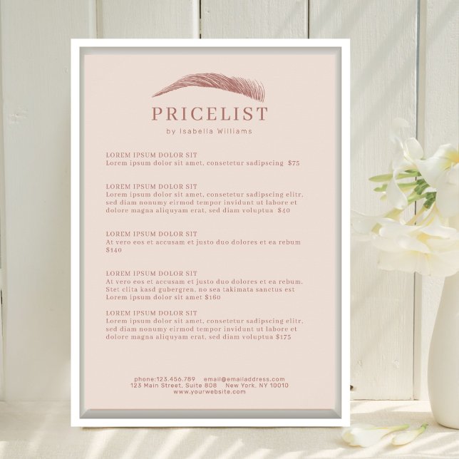 Minimalistisk Elegant Ögonbrynssalong Prislista Poster (Minimal Elegant Eyebrow Salon Pricelist Poster Template)