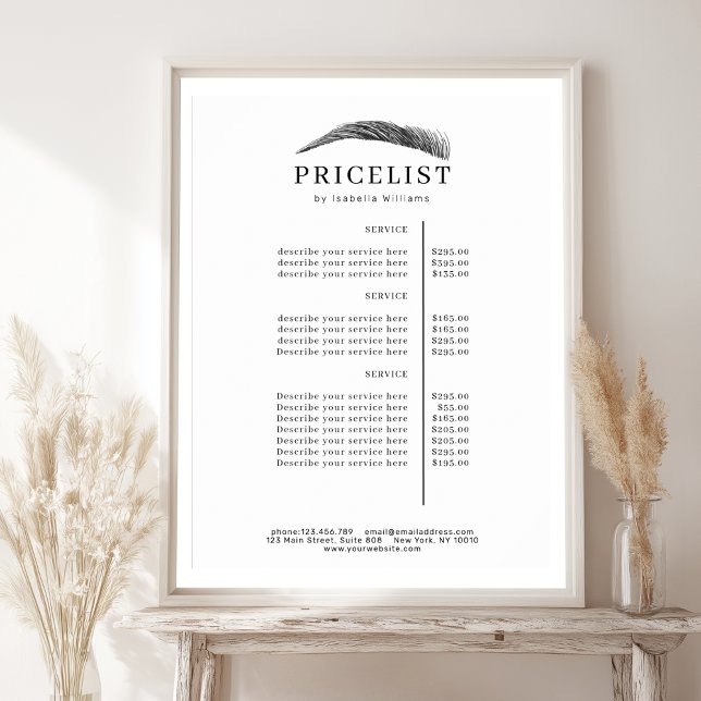 Minimalistisk Elegant Ögonbrynssalong Prislista Poster (Minimal Elegant Eyebrow Salon Pricelist Poster)