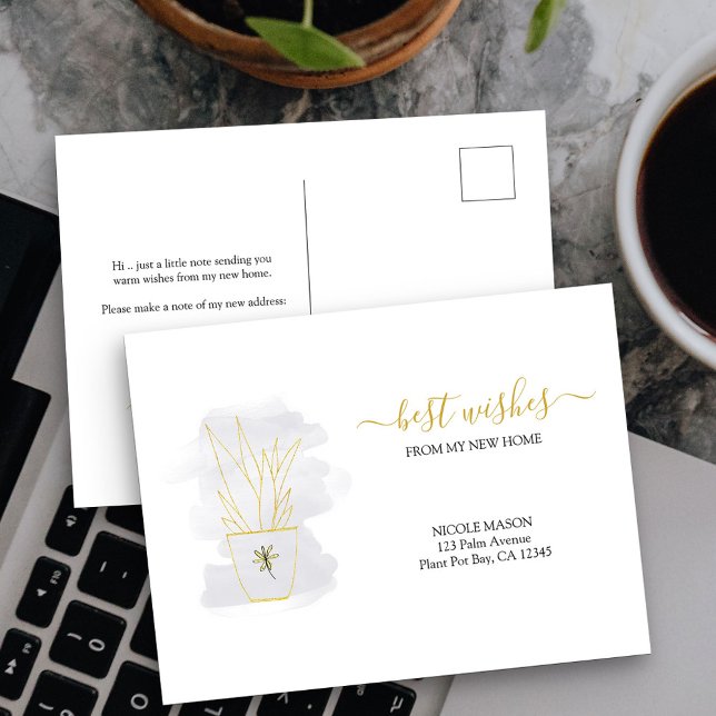 Minimalistisk Elegant Ormplante Flyttningsannons Vykort (New Address postcard with elegant minimalist potted plant design)