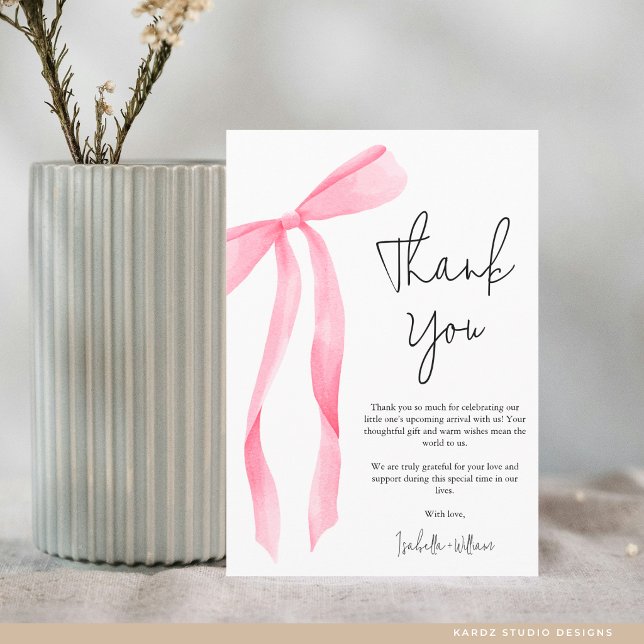 Minimalistisk Elegant Rosa Båge Bebis Shower Tack Kort (Flat Thank You Card in 3.5 x 5 inches. Personalize text, select size, paper, and corner style.)