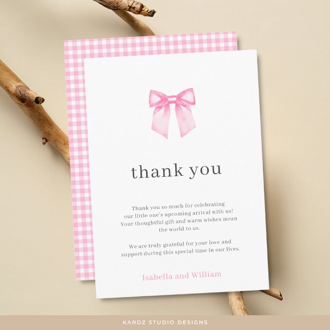 Minimalistisk Elegant Rosa Båge Bebisens Första Fö Tack Kort (Front and back of card is shown in 3.5x5 inches. Personalize and choose paper and corner style.)