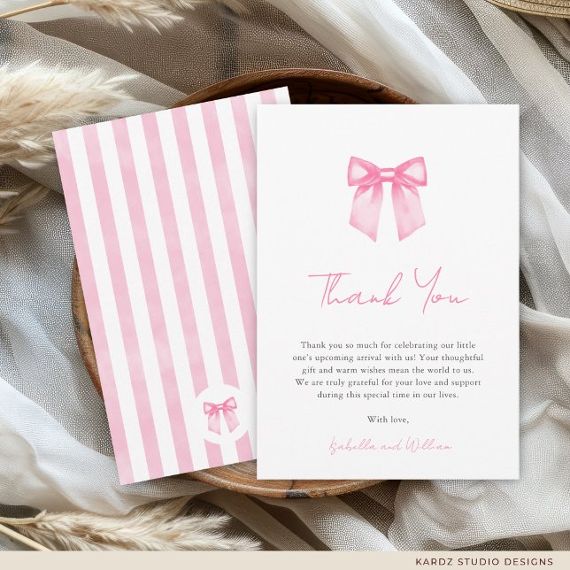 Minimalistisk Elegant Rosa Båge Dusch Tacksamhetsk Tack Kort (The front and back of the card are shown in 3.5 x 5 inches. Choose size, paper, and corner style.)