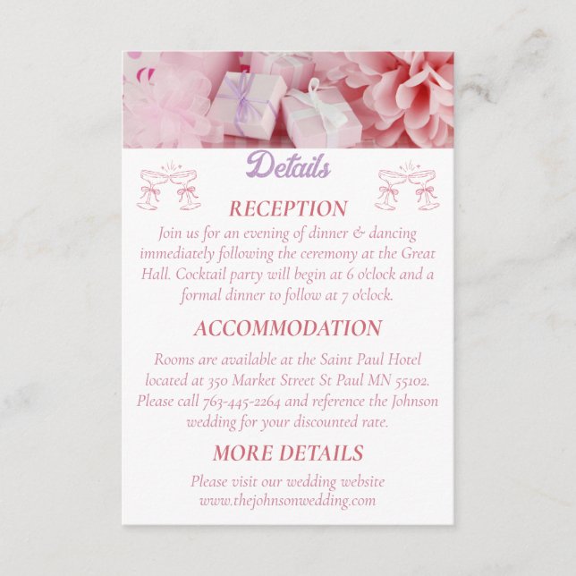 Minimalistisk Elegant Rosa Bröllopsdetaljer Tilläggskort (Framsida)