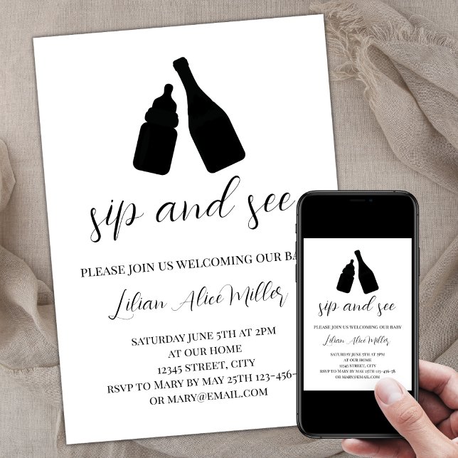 Minimalistisk Elegant Sip och se babyskabb Inbjudningar (sip and see invitation, modern elegant minimalist, baby bottle and champagne bottle)