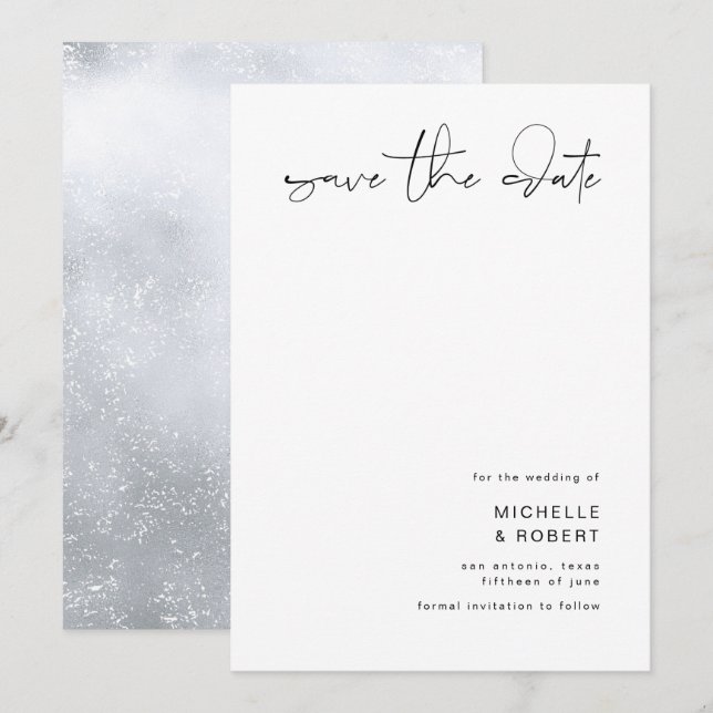Minimalistisk Elegant Skrift Silver Spara Datum Inbjudningar (Fram/baksida)
