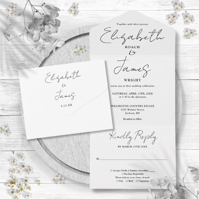 Minimalistisk Elegant Skript Svart Och Vitt Bröllo (Minimalist Elegant Script Black And White Wedding All In One Invitation)