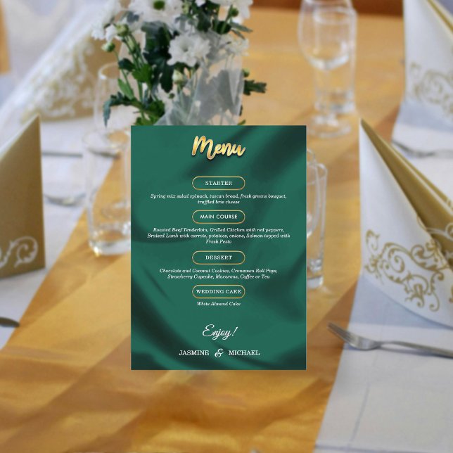 Minimalistisk Elegant Smaragd & Guld Script Bröllo Meny (Skapare uppladdad)
