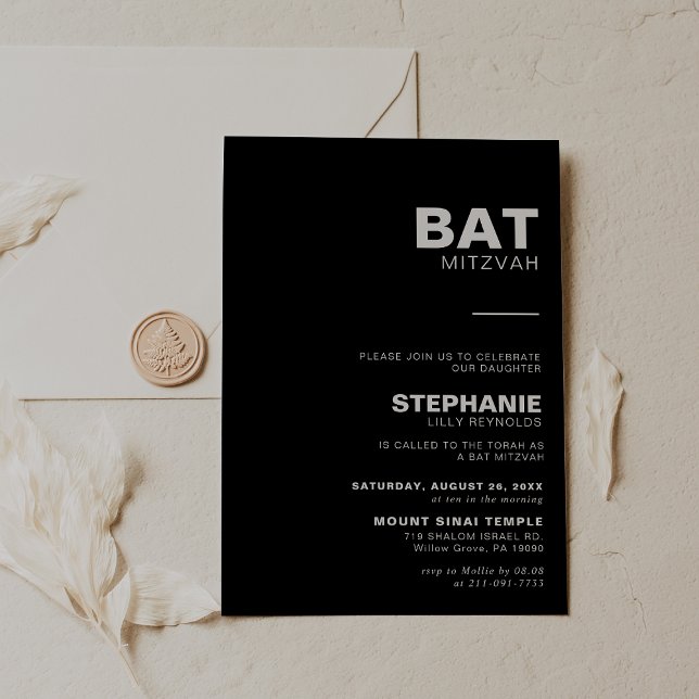 Minimalistisk Elegant, svart Bat mitzvah Inbjudningar (Skapare uppladdad)