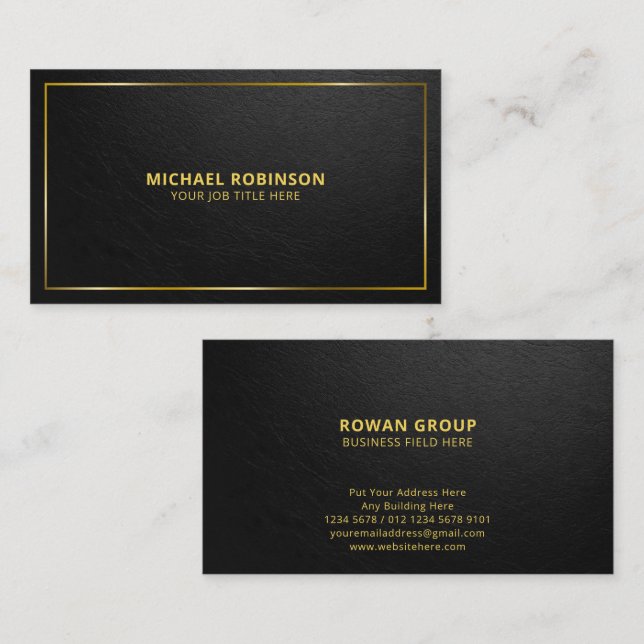 Minimalistisk Elegant Svart Läder Guld Ram Visitkort (Fram/baksida)