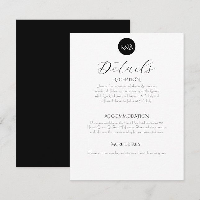 Minimalistisk Elegant Svart & Vitt Bröllop  Tilläggskort (Fram/baksida)