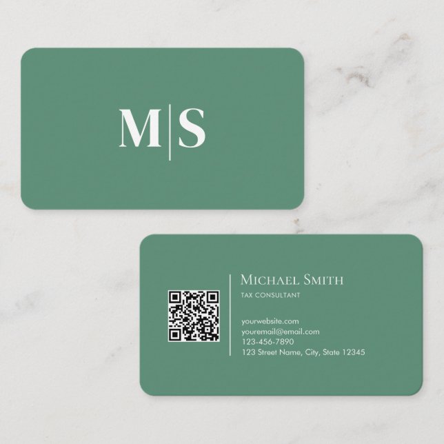 Minimalistisk Elegant Turkos Grön Initialer QR-kod Visitkort (Fram/baksida)