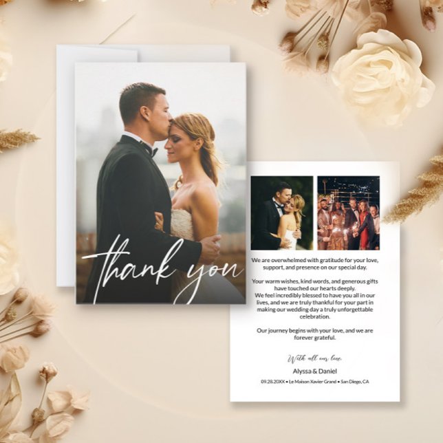 Minimalistisk Elegant Typography Bröllop-foton Tack Kort (3 wedding photo thank you cards.)