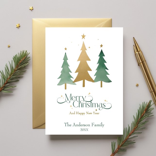 Minimalistisk Elegant, vattenfärg Julgran Julkort (Minimalist Elegant Watercolor Christmas Tree Holiday Card)