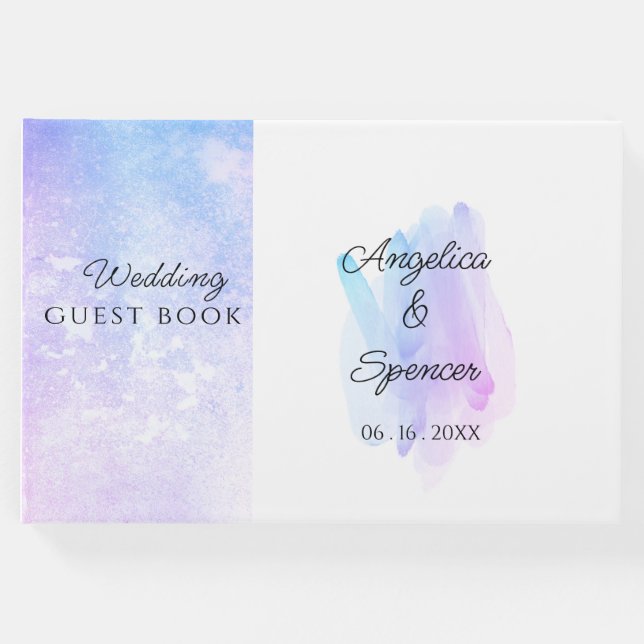 Minimalistisk elegant vattenfärgsblå lila bröllop gästböcker (Framsida)