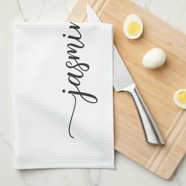 Minimalistisk Elegant Vit Monogram Namnskrift Kökshandduk (Vikt i Fjärdedel)