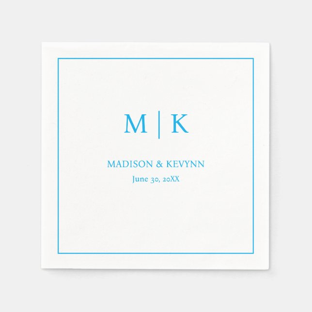Minimalistisk & Elegant Vit och Blå Monogram Bröll Pappersservett (Framsidan)