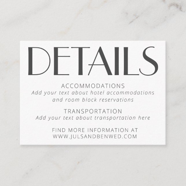 Minimalistisk Elegant, vit text Art Deco Bröllop Tilläggskort (Framsida)