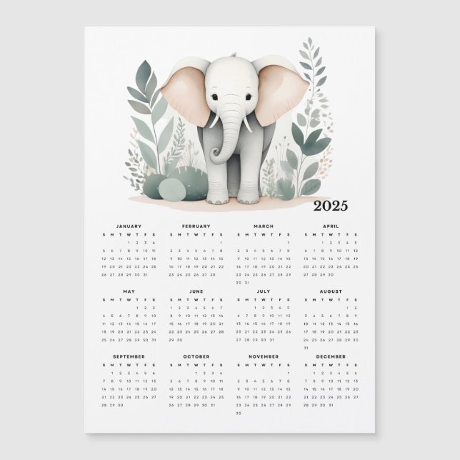 Minimalistisk Elephant Boho 2025 Magnetic Calendar (Framsida)