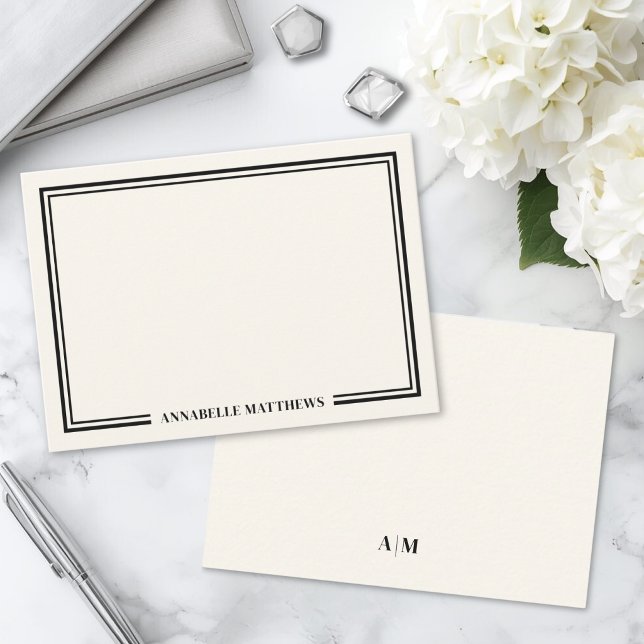 Minimalistisk Elfenbensvit Dubbelkant Monogram Anteckningskort (Minimalist Ivory Two Border Monogram Note Card)