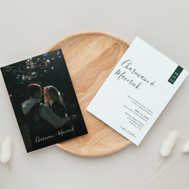 Minimalistisk Emerald Grönt-skript Foto Bröllop Inbjudningar (Skapare uppladdad)