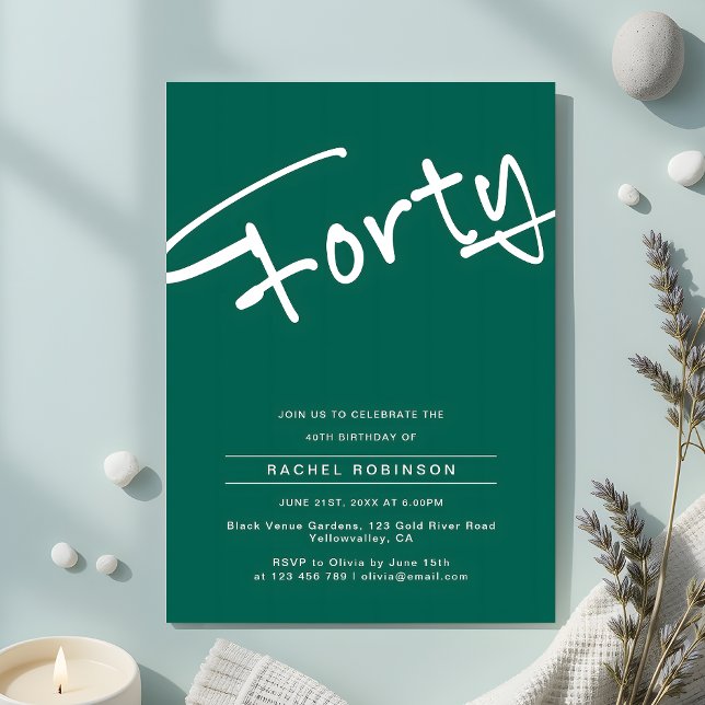 Minimalistisk Emerald Grönt Vuxen 40:e födelsedage Inbjudningar (Skapare uppladdad)