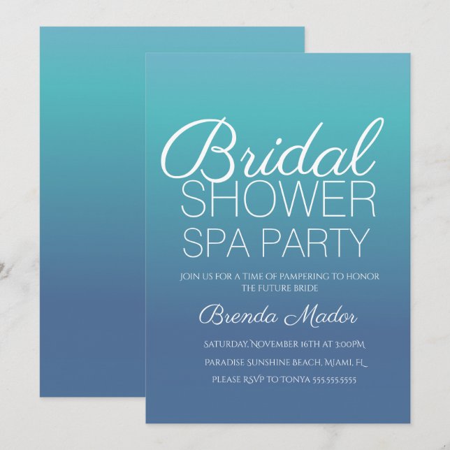 Minimalistisk Enkel Blå Ombre Spa Fest Bröllopsdus Inbjudningar (Fram/baksida)