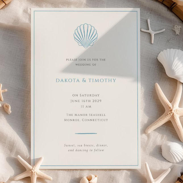 Minimalistisk enkel blå snigelskal bröllopsinbjuda inbjudningar (Minimalist Simple Blue Seashell Wedding invitation)