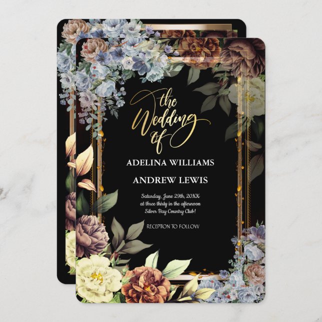 Minimalistisk enkel blomma Ro, Guld Ram Bröllop Inbjudningar (Fram/baksida)