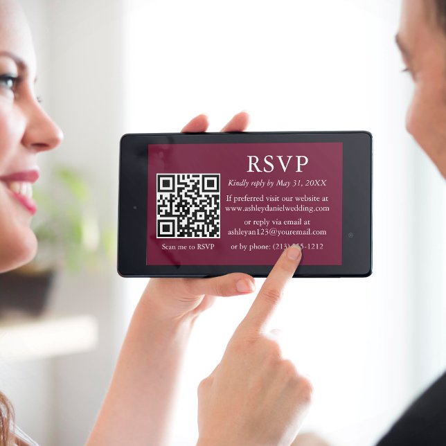 Minimalistisk enkel Bröllop Burgundy QR-OSA Kort (Customize to change text size,  text style or background color.)
