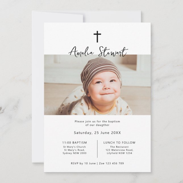 Minimalistisk, enkel fotobaptism-döpning inbjudningar (Framsida)