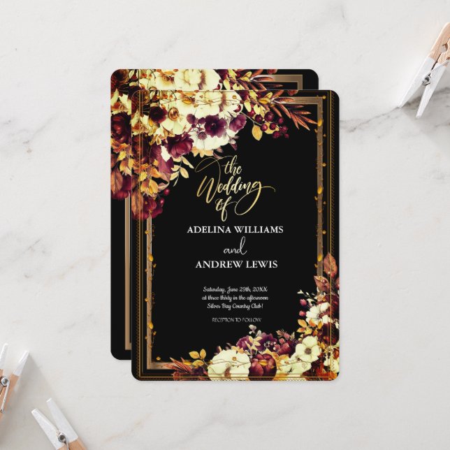 Minimalistisk enkel inbjudan till Röd ros,Guld Ram (Fram/Back In Situ)