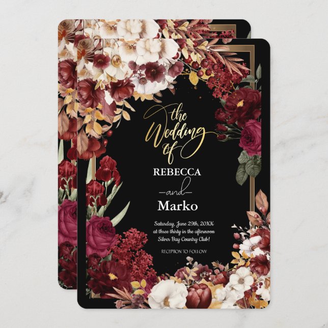 Minimalistisk enkel inbjudan till Röd ros,Guld Ram (Fram/baksida)