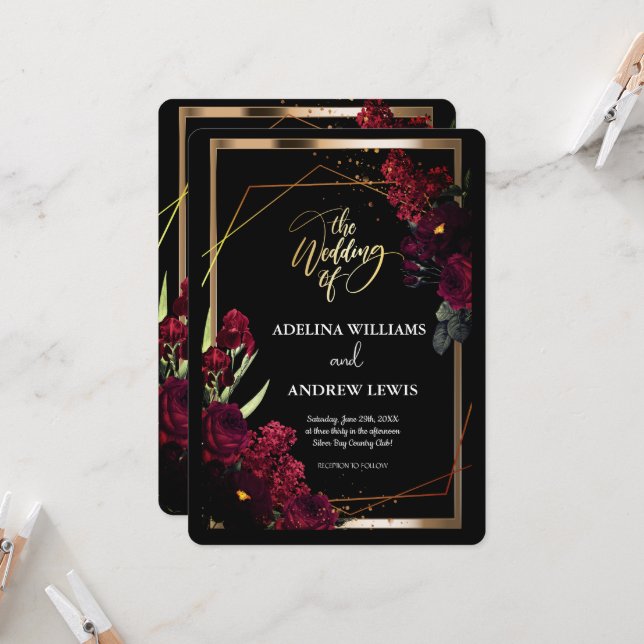 Minimalistisk enkel inbjudan till Röd ros,Guld Ram (Fram/Back In Situ)