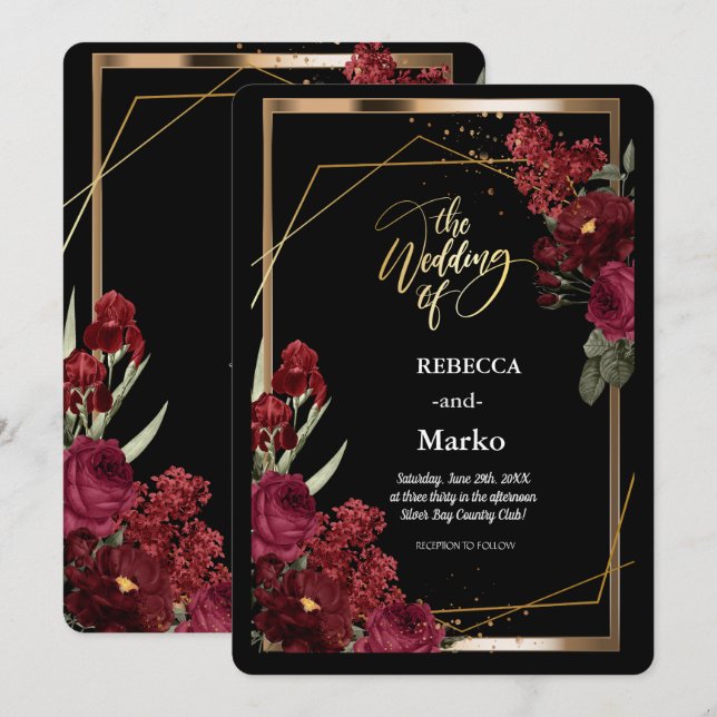Minimalistisk enkel inbjudan till Röd ros,Guld Ram (Fram/baksida)