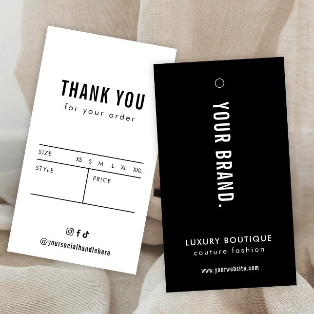 Minimalistisk enkel Märkre för plagg Boutique-etik Visitkort (Minimalist Black and White Clothing Label Hang Tag with price & size table on the back)