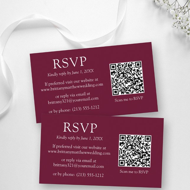 Minimalistisk enkel QR-kod Bröllop Burgundy-OSA Tilläggskort (Customize to change text size, color, style or to change background color of front and back of card.)