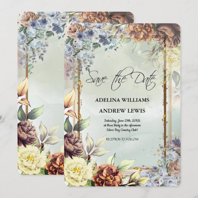 Minimalistisk Enkel Silver Blommor Ros, Guld Ram  Inbjudningar (Fram/baksida)