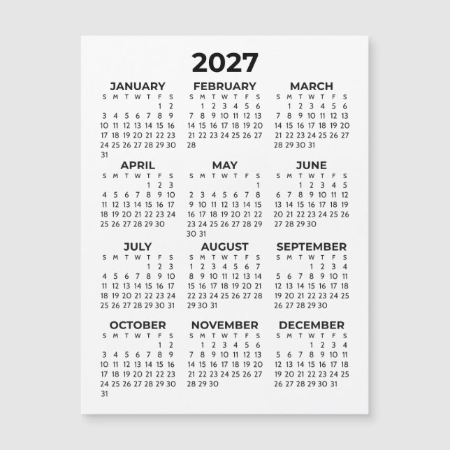 Minimalistisk Enkel Svart 2027 Magnetisk Kalender (Framsida)