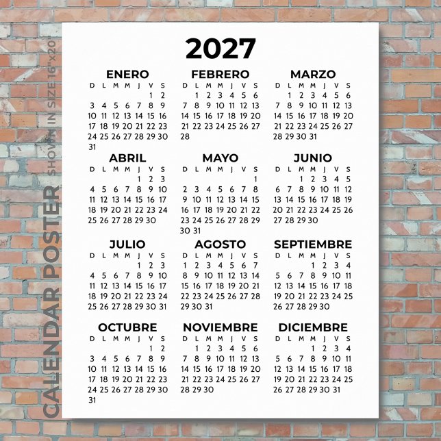 Minimalistisk Enkel Svart 2027 Spansk Kalender Poster (Skapare uppladdad)